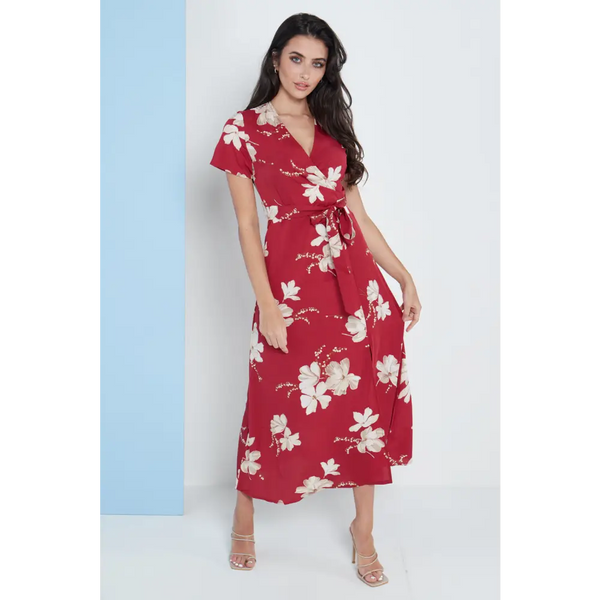 Wrap front maxi dress in red floral print