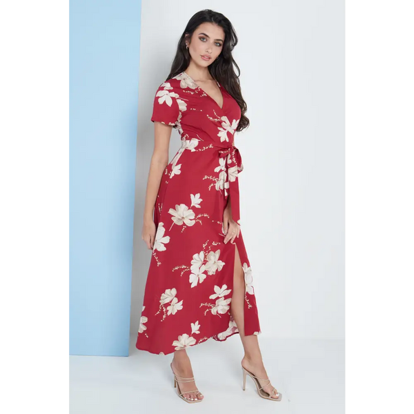 Wrap front maxi dress in red floral print