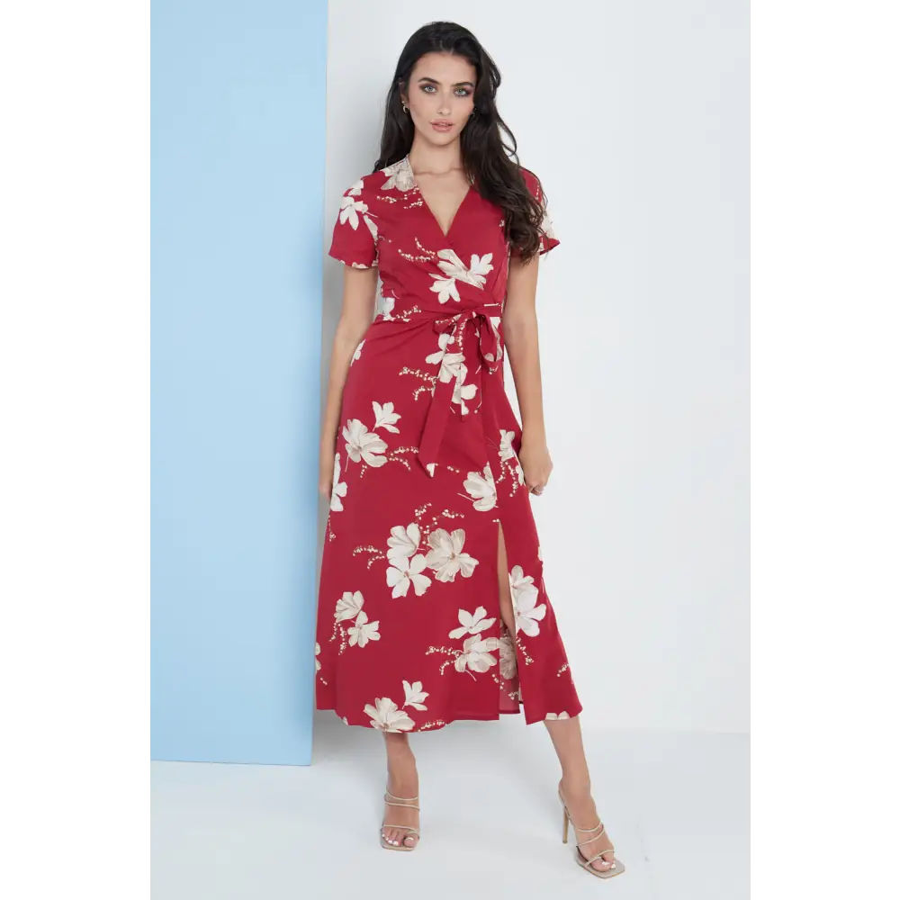 Wrap front maxi dress in red floral print