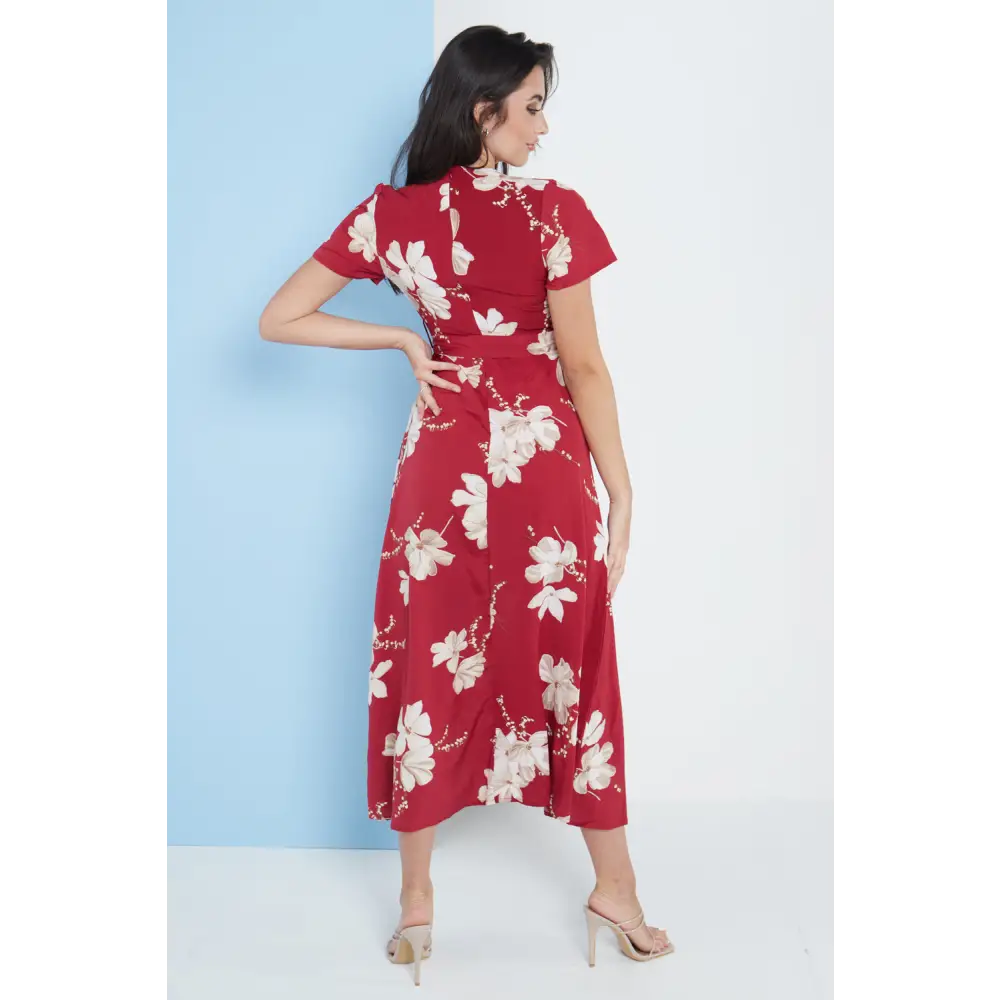 Wrap front maxi dress in red floral print