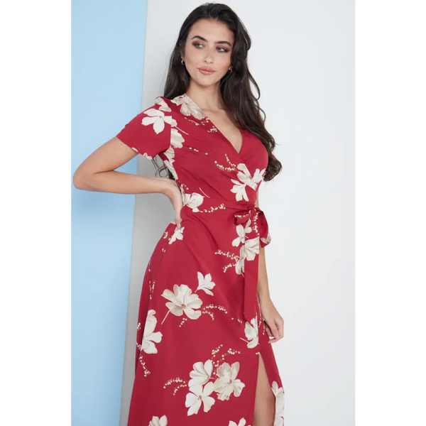 Wrap front maxi dress in red floral print