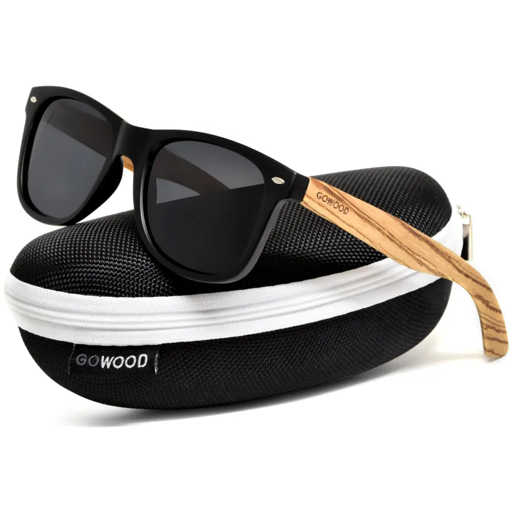 Zebra wood classic style sunglasses with black polarized lenses Nexellus