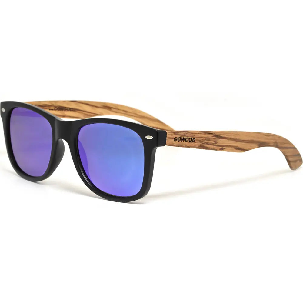 Zebra wood classic style sunglasses with blue mirrored