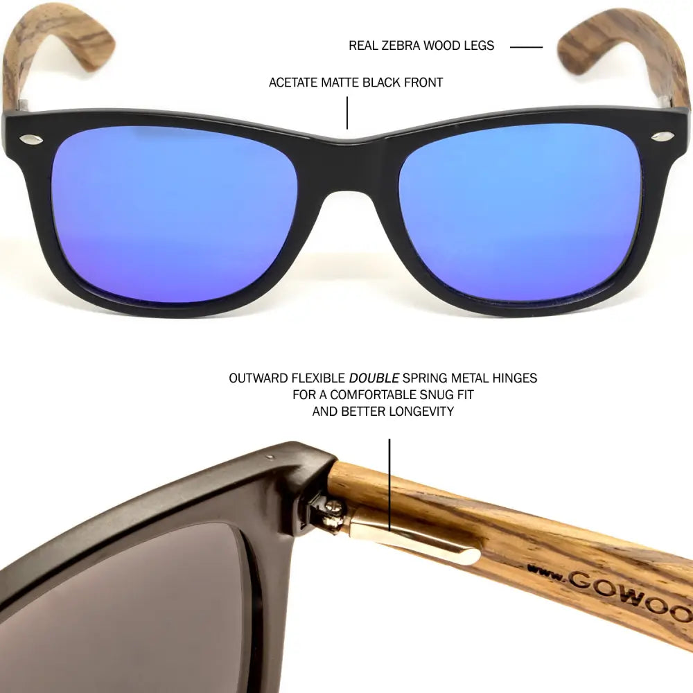 Zebra wood classic style sunglasses with blue mirrored