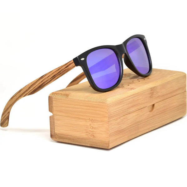 Zebra wood classic style sunglasses with blue mirrored