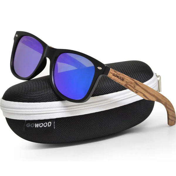 Zebra wood classic style sunglasses with blue mirrored