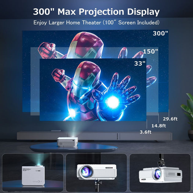 Projector with WiFi and Bluetooth, 5G WiFi Native 1080P Outdoor Projector 10000L Support 4K, Portable Movie Projector with Screen and Max 300", for iOS/Android/Laptop/TV Stick/HDMI/USB/VGA/TF - Nexellus